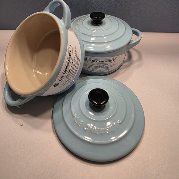 Pair Le Creuset 2 Pc Set Mini Round Cocotte Sky Blue Stoneware Pots with Lids - Picture 2 of 11